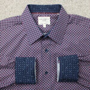 Construct Shirt Mens Large Red Geometric Flip Cuff 4-Way Stretch Slim Fit L/S